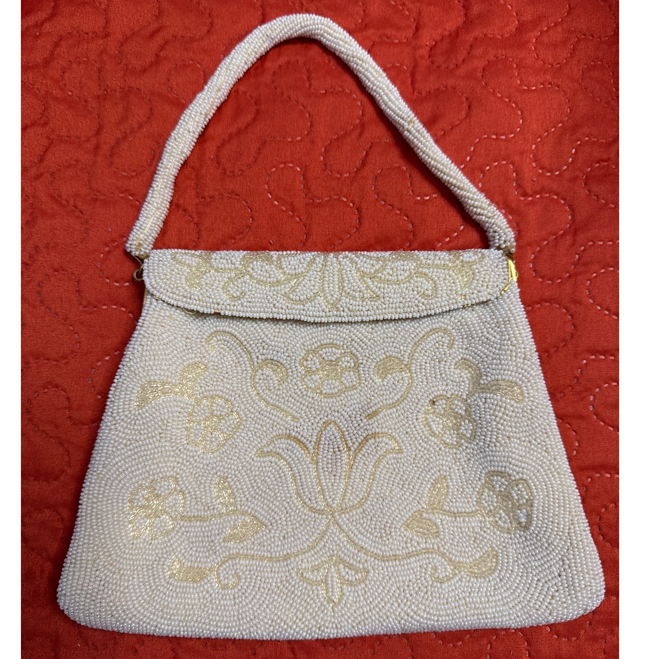 Vintage 1950s Hand Beaded In Japan White & Gold Evening Bag 8x6 Plus Handle